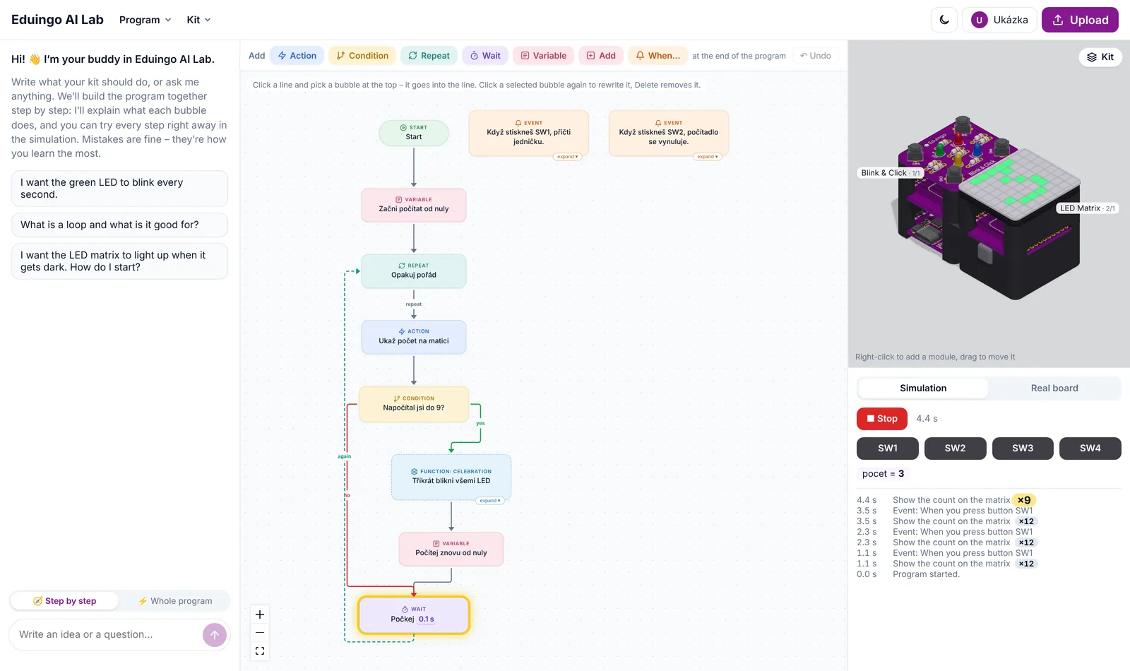 Eduingo AI Lab: chat with the AI buddy, a flowchart of the program and a 3D preview of the kit with a running simulation