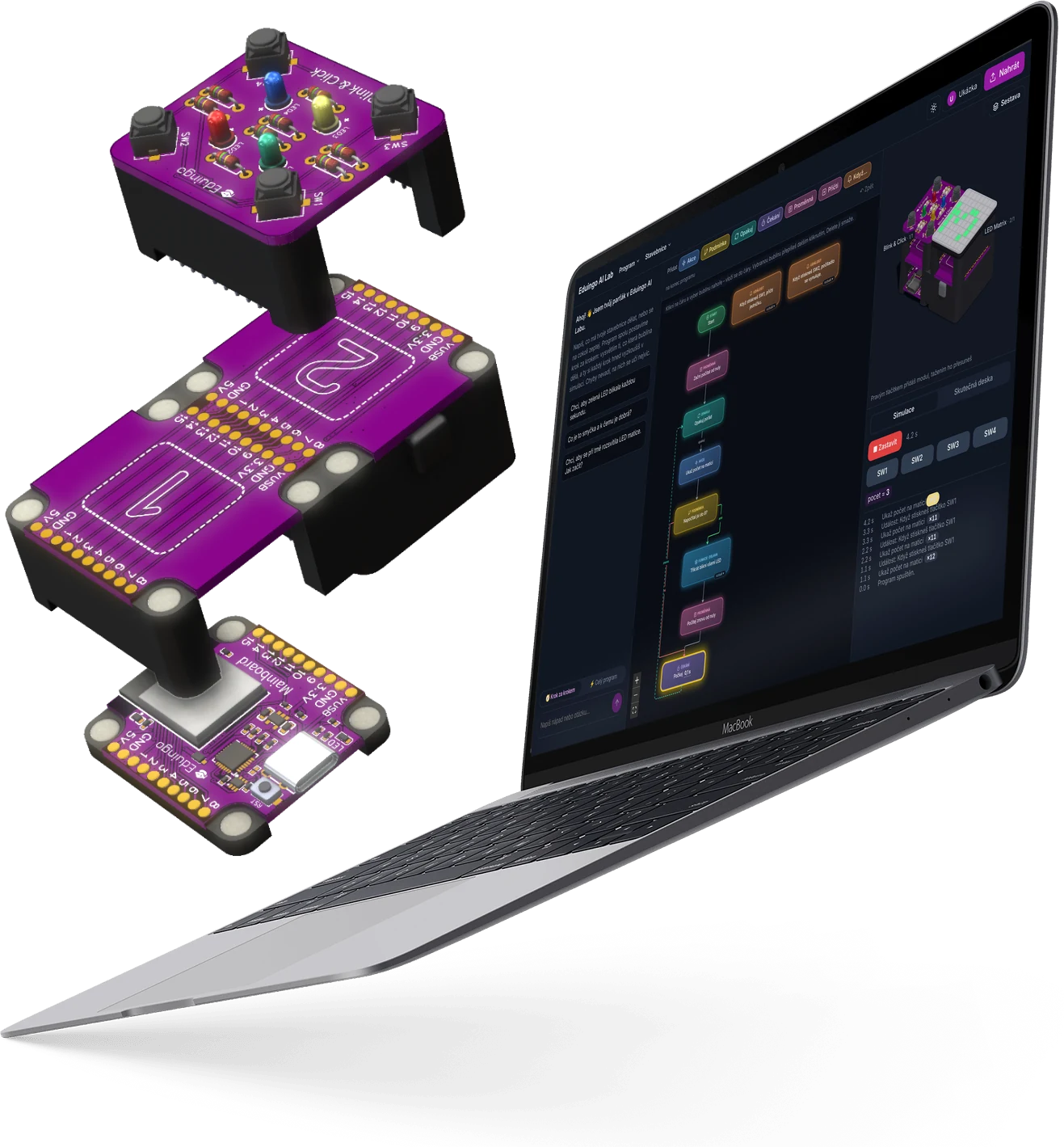 Moduly Eduingo nad sebou a MacBook s otevřeným Eduingo AI Labem