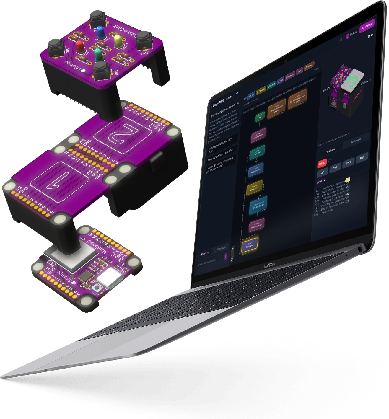 Eduingo modules stacked above a MacBook with Eduingo AI Lab open